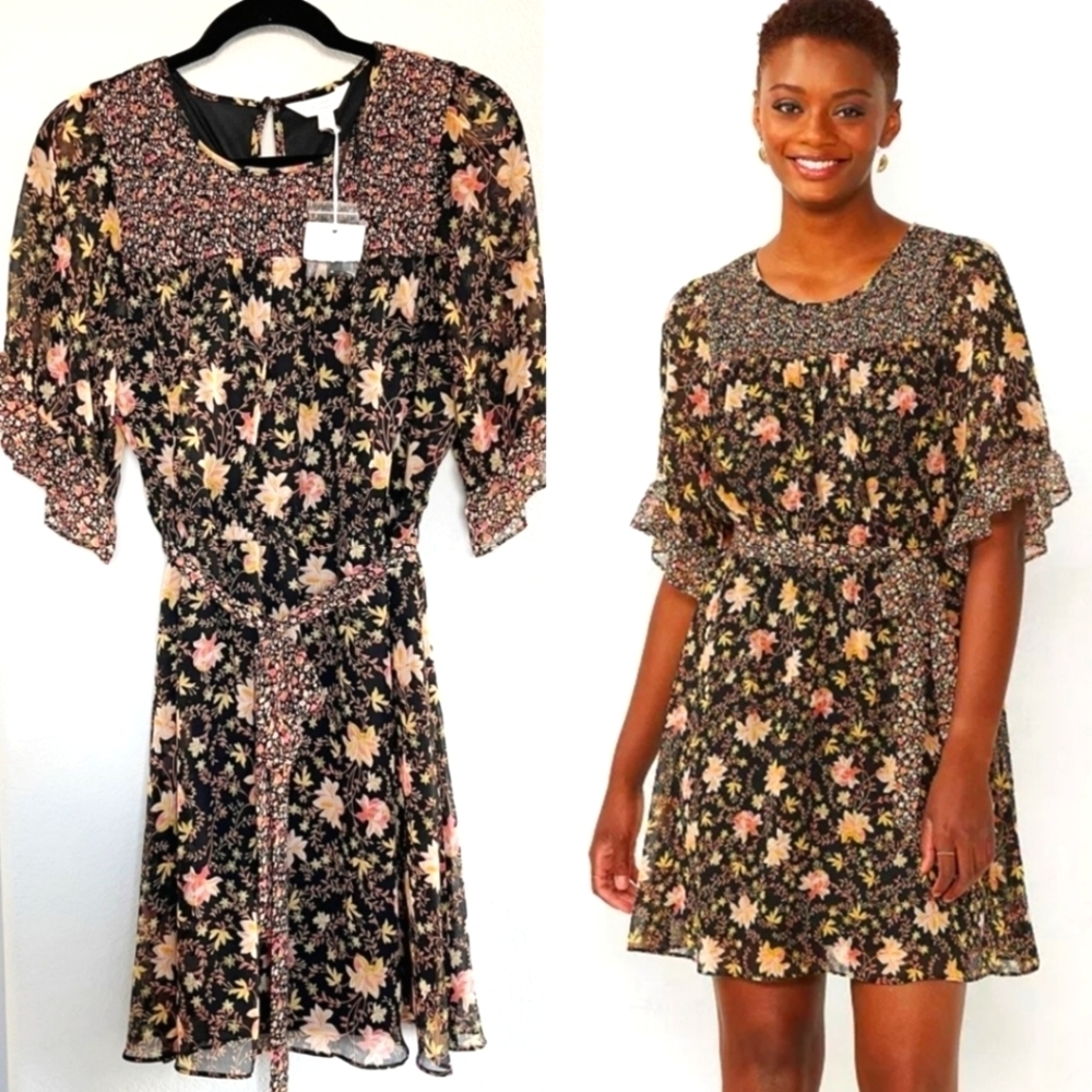 Lauren Conrad Lizzie Floral Mini Dress Puff Slvs Waist-Tie Flowy Skirt MED NWT